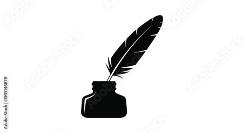 A striking black silhouette depicts a classic quill pen resting within a dark inkwell evoking a sense of writing