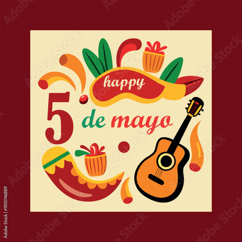 Happy cinco de mayo celebration artwork featuring a vibrant guitar, festive sombrero, and bold typography