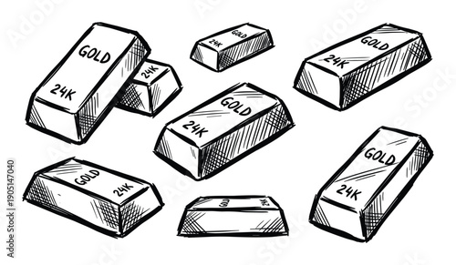 Hand drawn illustration of 24K gold bars with sketch style and bold outlines on a white background