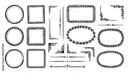 Hand drawn frames borders vector set, circle square corner frame design elements, rustic decorative doodle frames collection