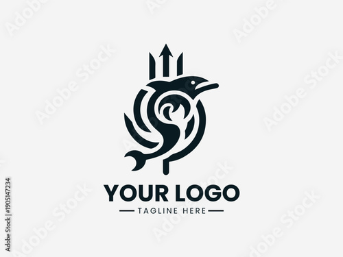 Black logo design featuring a stylized bird with abstract swirls and three prongs on a white background with space for a tagline.