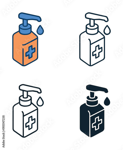 Hand sanitizer bottle illustrations with drop, disinfection liquid icon, medical hygiene, antibacterial soap dispenser vector