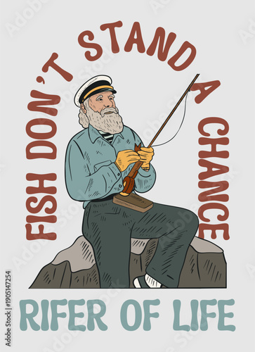 Cartoon Bearded Sailor Fisherman with Stick for T-shirt design