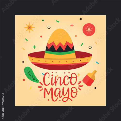 A vibrant illustration celebrating cinco de mayo with a colorful sombrero, festive confetti, and the holiday's name in a lively font.