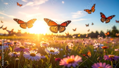 A field of flowers with butterflies flying in the sunset.