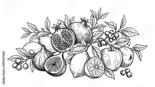 Hand-drawn fruit assortment illustration with pomegranates, apples, figs, lemons, berries, and leaves