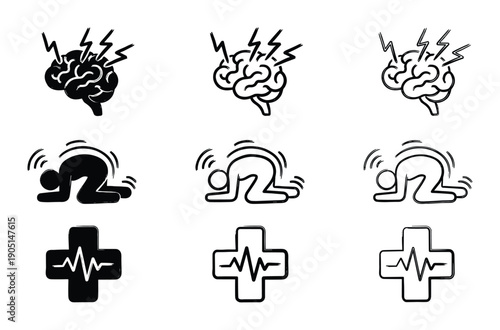 Headache, migraine, and pain symptom icons illustration, stick figure kneeling in agony, brain with lightning strikes, medical cross