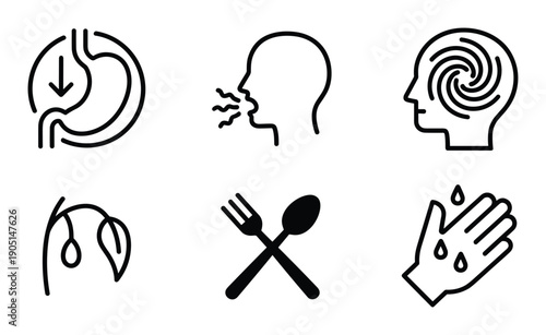 Health problem icons: Digestion, cough, migraine, malnutrition, hygiene, and handwash vector illustration