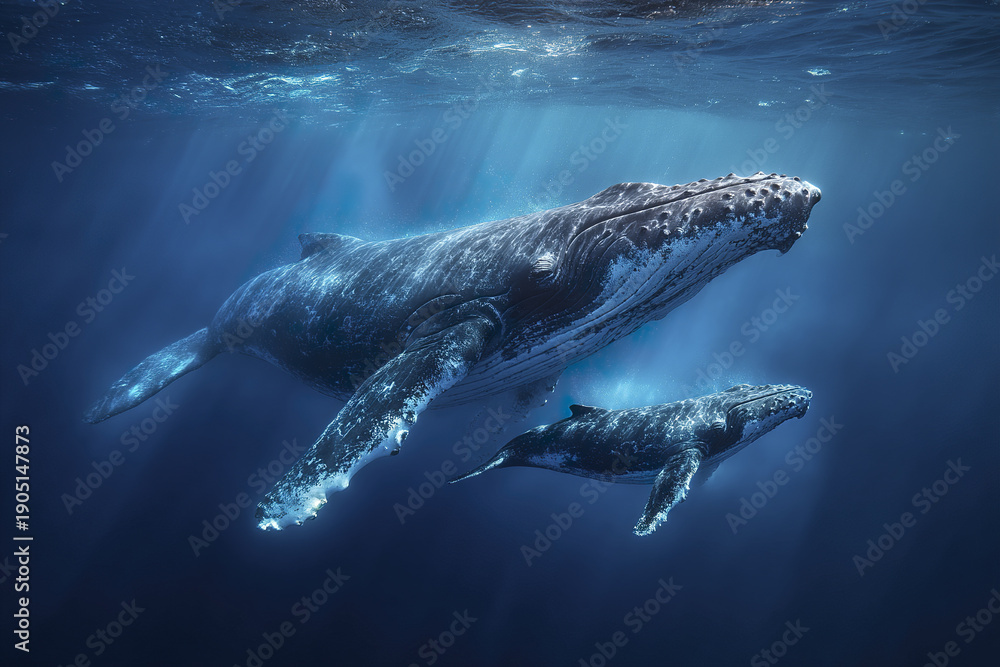 Fototapeta premium Humpback whale mother with baby swimming underwater in deep blue ocean with sunlight rays creating peaceful and majestic marine scene