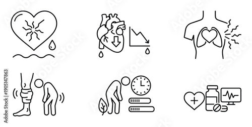 Heart disease symptoms and health problems with leg swelling, chest pain, and low energy. Medical illustrations