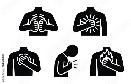 Heartburn and chest pain icons set, illustration of a person experiencing different types of chest pain symptoms