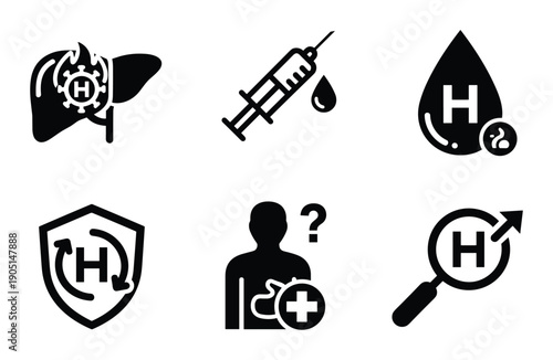 Hepatitis icons set showing liver inflammation, vaccination, blood test, immunity shield and medical treatment.