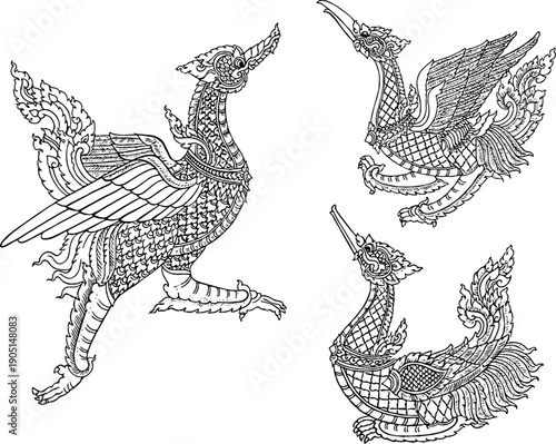 Traditional Lao art vector illustration of mythical creatures and deities, Kinnari and Hong bird symbols, Southeast Asian cultural line art for decoration and greeting cards.