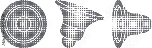 Three abstract halftone dot patterns in circular and conical shapes