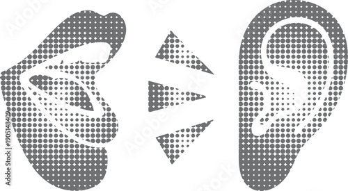 Stylized Halftone of Speaking Mouth and Listening Ear with Sound Waves