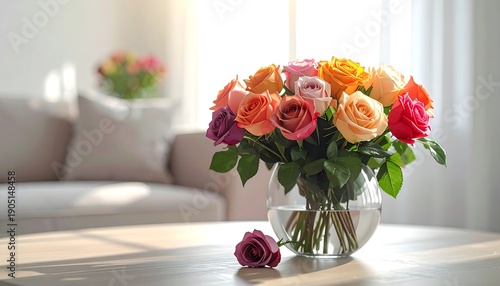 A Beautiful Bouquet of Assorted Roses in a Glass Vase on a Table.