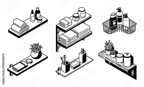 Isometric bathroom shelves with towels, cosmetics, plants and accessories, minimalist design in black and white style