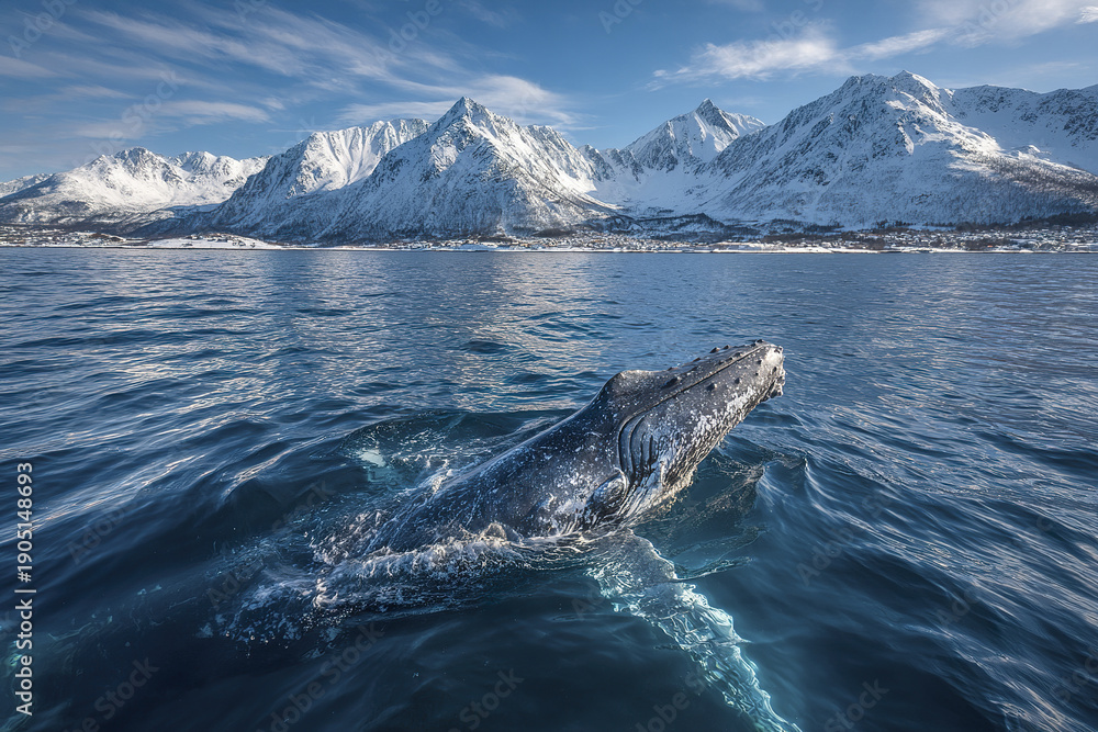 Naklejka premium Humpback whale surfacing in cold ocean water near snow covered mountain range under blue sky with clouds, creating dramatic and serene natural scene