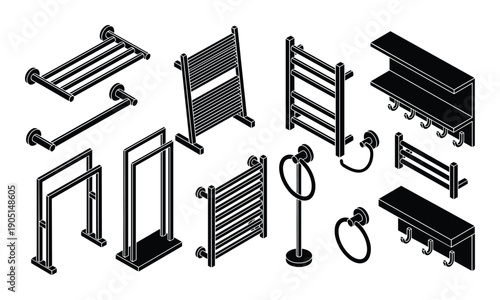 Isometric Black Bathroom Fixtures Towel Racks and Shelves Set Illustration