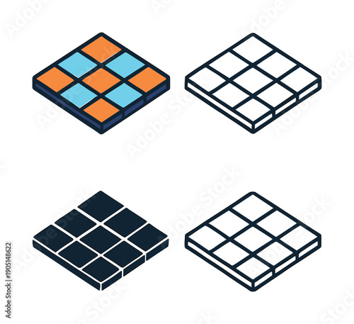 Isometric checkerboard pattern illustration, nine square grid with color and line variations