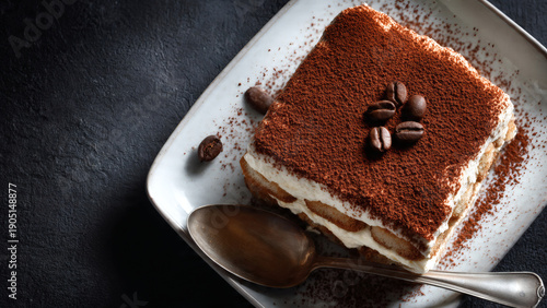 Delicious tiramisu dessert on a white plate with a spoon, overhead view, showcasing layers of creamy texture and chocolate coffee flavor