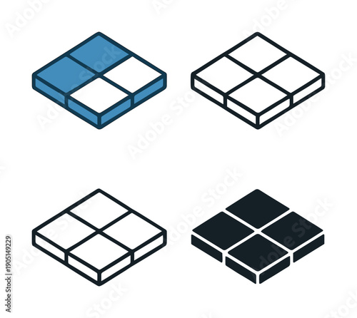 Isometric tile pattern set, four variation tile designs with fill and outline styles. Tiles for flooring or background
