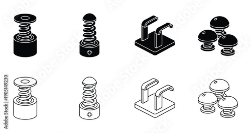 Isometric springs, buttons, handles, black and white illustrations isolated, perspective view vector design