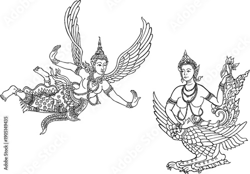 Traditional Lao art vector illustration of mythical creatures and deities, Kinnari and Hong bird symbols, Southeast Asian cultural line art for decoration and greeting cards.
