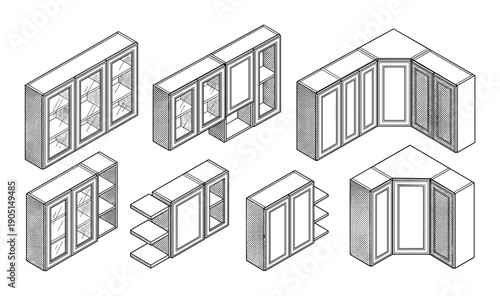 Isometric view kitchen cabinets diagram with glass doors and open shelves vector
