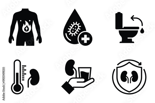 Kidney infection symptoms and prevention icons set, medical bladder issues with fever, plus, urine, water, kidney health