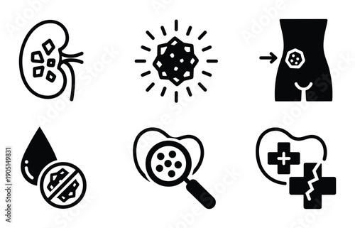 Kidney disease diagnosis and prevention icons illustration with examination, blood, medical treatment