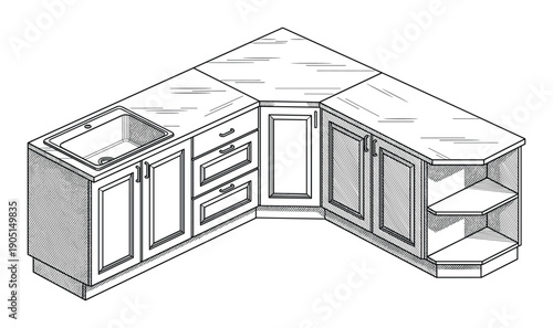 Kitchen corner cabinet with sink, drawers, cabinets, and open shelves, Line art drawing of kitchen corner cabinet