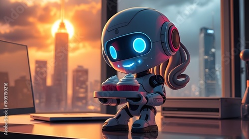 Cute robot assistant serving cupcakes at sunset in city office ai technology