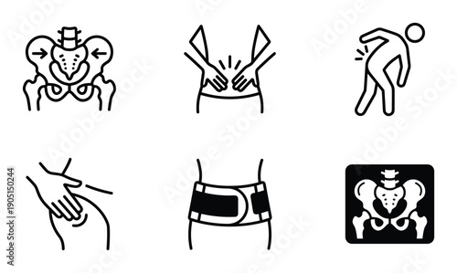 Lower Back Pain Pictogram Illustrations Set, Symptoms, Diagnostics, Treatments, Belt Support, Examination, and X-Ray