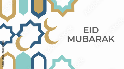 Celebratory Eid Mubarak illustration with crescent moon, stars, and geometric shapes in gold and blue tones