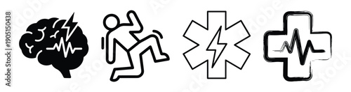 Medical Icons Set Brain Seizure, Falling Person, Star Life, Cross with Heartbeat Line Vector