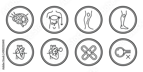 Medical conditions icons collection with brain stroke, digestion, leg edema, heart attack and blood vessels thrombosis signs