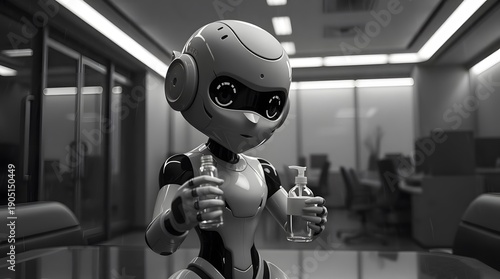Robot holding hand sanitizer in office for hygiene and health promotion ai