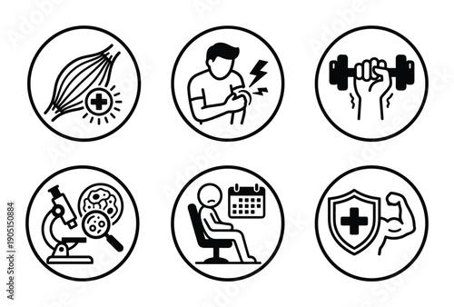 Muscle health, joint pain, exercise, laboratory research, sick leave, immune system icons set.