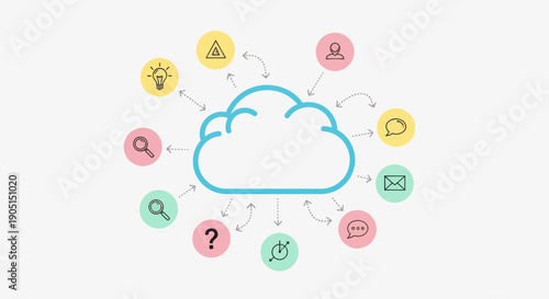 Cloud Computing Network Diagram with Icons and Arrows, Digital Data Flow