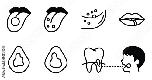 Oral health issues illustrations: tongue problems, mouth sores, tooth decay, oral disease, and hygiene issues.