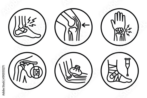Orthopedic Injuries Vector Icons Set. Foot, Knee, Wrist, Shoulder, Elbow, Ankle and Leg Treatment Symbols Collection