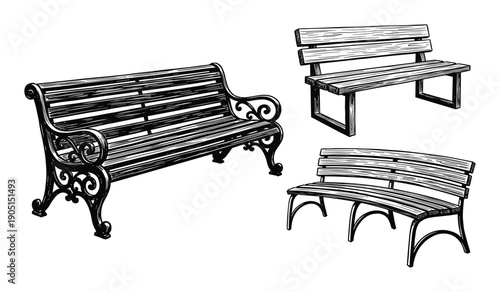 Park benches vector illustrations, diverse park seating with wood slat construction