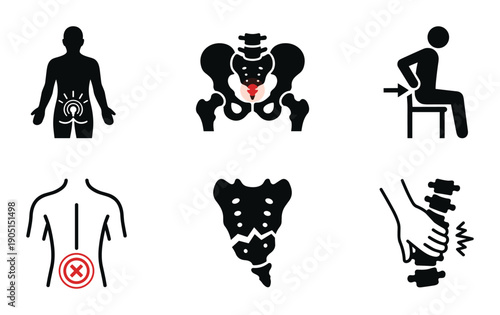 Pelvic pain and spine problems illustration set. Sacroiliac joint dysfunction, spinal issues, lower back problems, discomfort