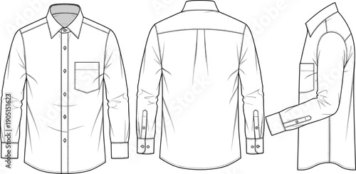 Men long sleeve shirt technical drawing, front back side views, classic button down apparel design, black and white fashion vector illustration