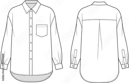 Long sleeve button down shirt technical fashion illustration, front and back views line art flat vector garment template apparel design