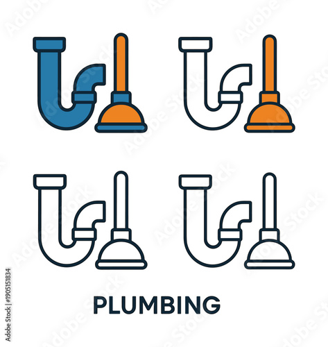 Plumbing service icon set with pipe and plunger vector illustration