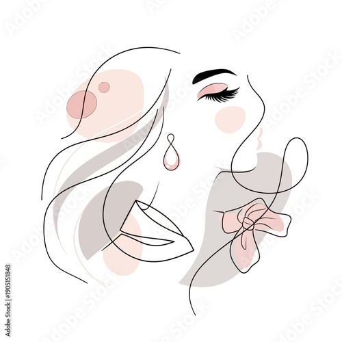 Elegant Woman Face Line Art Drawing With Pink Bow