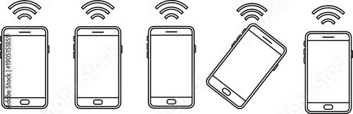 Smartphone WiFi signal icons set, mobile connection technology concept, wireless communication symbols, minimal black white line vector illustration