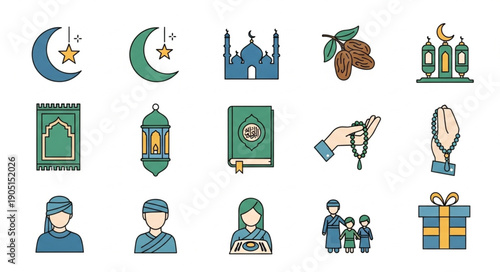 Islamic Ramadan Icons Set Mosques Crescent Moon Prayer Mat Dates Lanterns.